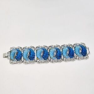Vintage Blue Tones Thermoset Panel Wide Leaf Bracelet Cuff Mid Century 7.5"